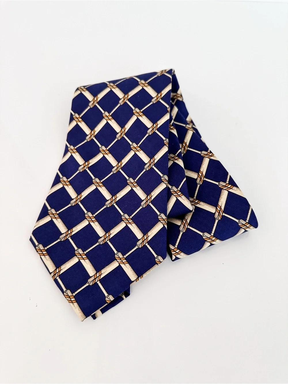 Polo Ralph Lauren Silk Tie Blue Bamboo Rope Lattice Geometric Pattern USA Made